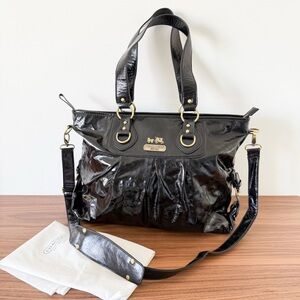 COACH Madison Crinkle Patent Leather Satchel Shoulder Bag Purse Black & Dust Bag